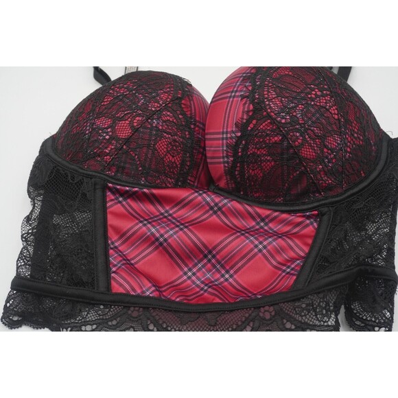 Victoria Secret Very Sexy Corset Red Plaid Black Lace Push-Up Lingerie Bra 32C - Picture 2 of 7